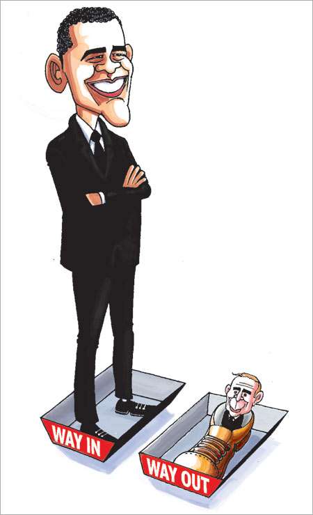 This was the year when terror reached the tipping point in India. It was also the year when collapsing financial markets brought the world economic system under review. On both these counts, 2008 has been a time of reckoning. But there were moments of hope and joy too. Manjul takes a cartoonist’s eye view of the big themes of the yearYes, we can…can he?Barack Obama made history by becoming America’s first Afro-American President. He rode to victory on a platform of change, but will he and can he deliver on his promises? This is the trillion dollar question that America, and the world, will seek an answer to in 2009. (Manjul / DNA)