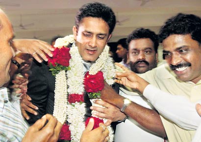 Anil Kumble's supporters are ecstatic after his victory in the KSCA polls in Bangalore on Sunday.