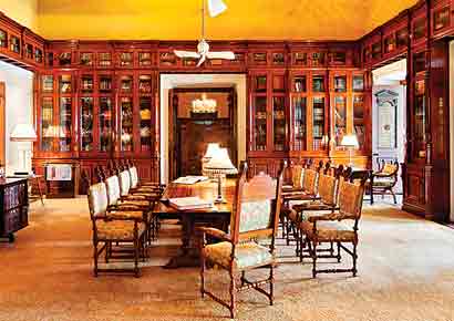 The Falaknuma library has a big collection of Qurans as well as the 1911 edition of the Encyclopaedia Brittanica still intact. Its walnut carved roof is supposed to be a replica of the Windsor Castle in England