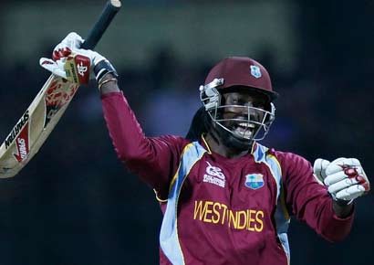 Chris Gayle celebrates after West Indies defeated New Zealand