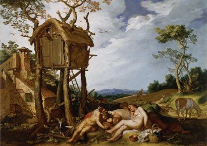Slothful peasants sleep instead of working in 'Parable of the Wheat and the Tares' by Abraham Bloemaert (1624)