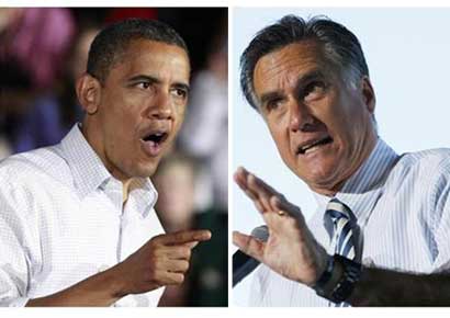 A combination file photographs shows Barack Obama (L) speaking during a campaign rally in Mentor, Ohio and Mitt Romney speaking at a campaign rally in Tampa, Florida
