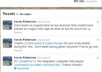 A screenshot of Kevin Pietersen's twitter account A screenshot of Kevin Pietersen's twitter account