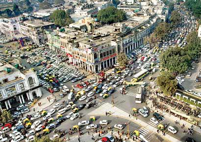 A traffic jam in New Delhi�s Connaught Place.