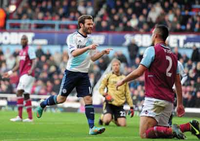 Juan Mata of Chelsea celebrates his goal during the Barclays Premier League match between West Ham United and Chelsea at the Boleyn Ground.