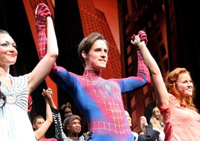 Reeve Carney during the curtain call of Patrick Page's final performance of Broadway's <i>Spider-Man Turn Off The Dark</i> at New York's Foxwoods Theatre on August 5, 2012.