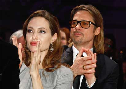 Actors Brad Pitt and Angelina Jolie at the Cinema for Peace Gala ceremony at the Konzerthaus Am Gendarmenmarkt during the 62nd Berlin International Film Festival