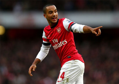 Theo Walcott of Arsenal celebrates his goal during the Barclays Premier league match against Tottenham Hotspur at Emirates Stadium on November 17, 2012.