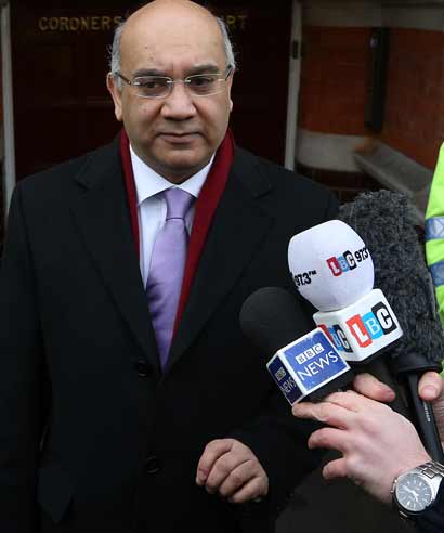 Member of Parliament Keith Vaz talks to reporters on behalf of the Saldanha family at Westminster Coroner's Court on December 13, 2012 in London