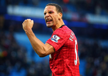 Rio Ferdinand of Manchester United celebrates at the end of the Barclays Premier League match between Manchester City and Manchester United at Etihad Stadium (Manchester) on December 9, 2012.