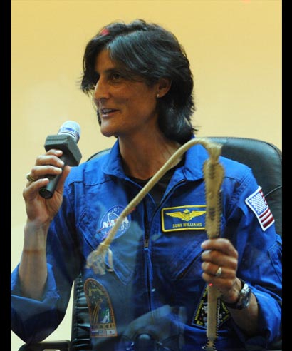 US astronaut Sunita Williams addresses the media at Baikonur cosmodrome on July 13, 2012, two days before she along with her crew is due to blast off to the International Space Station from Baikonur cosmodrome on July 15.