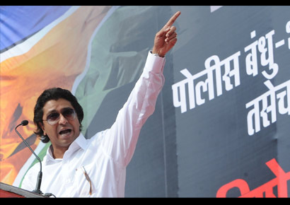 Maharashtra Navinirman Sena chief Raj Thackeray addresses a public rally in Mumbai.