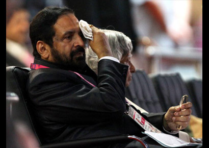 Chairman of Commonwealth Games (CWG) organising committee Suresh Kalmadi takes his seat prior to the opening ceremony at Delhi's Jawaharlal Nehru Stadium on October 3, 2010.