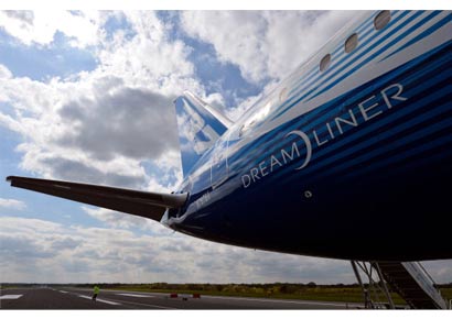 The new Boeing Dreamliner 787 sits on the tarmac at Manchester airport during it's tour of the world on April 24, 2012. Made of composite materials, the Boeing Dreamliner 787 uses 20% less fuel than equivalent aircraft.