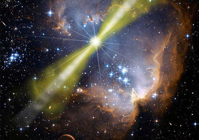 Artist's illustration of a bright gamma-ray burst occurring in a star-forming region.  The explosion is highly beamed into two bipolar jets, with a narrow inner jet surrounded by a wider outer jet.