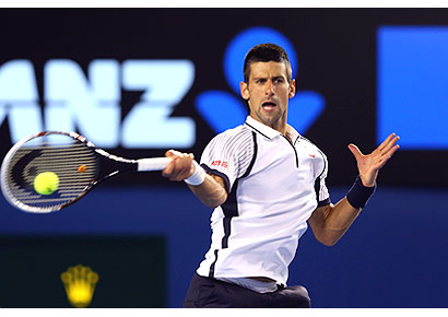 Serb Novak Djokovic in action against Tomas Berdych of Czech Republic in the Australian Open quarterfinal at Melbourne Park on Tuesday.