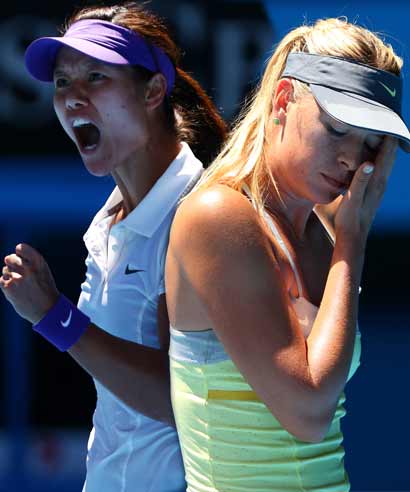 (Left) Na Li of China celebrates winning her semifinal match; (Right) Maria Sharapova reacts after losing the match
