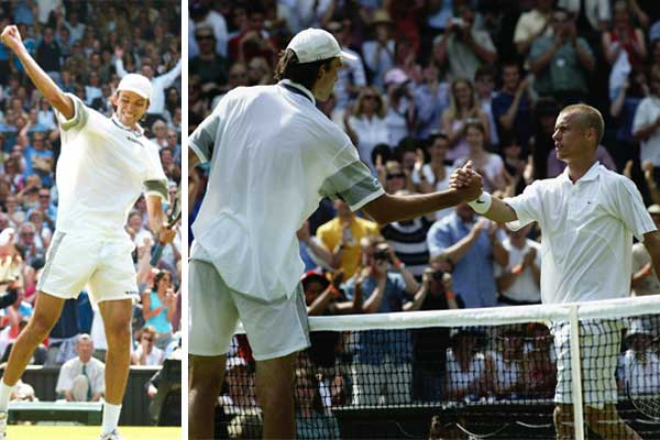 Champ makes first-round exit
Lleyton Hewitt was knocked out in the very first round at the 2003 Wimbledon by Croatian qualifier Ivo Karlovic. The Australian lost 6-1 6-7(5) 3-6 4-6 and became only the second defending Wimbledon men's champion after Manuel Santana (1966) to lose in the first round.
(Getty Images) Ivo Karlovic of Croatia shakes hands at the net after beating defending champion Lleyton Hewitt during the opening day of 2003 Wimbledon on June 23, 2003.