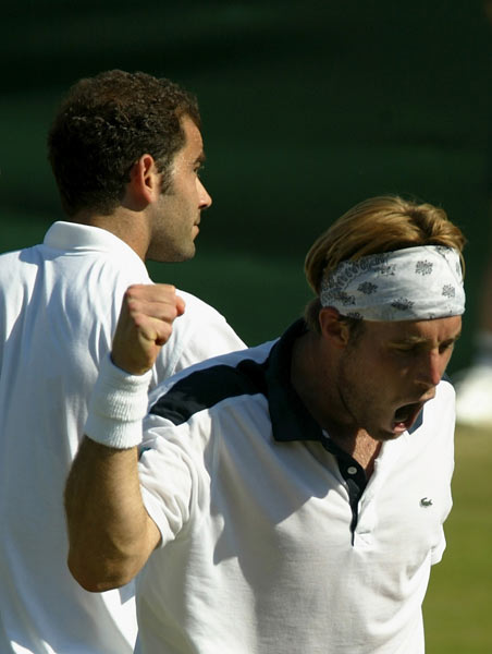 Sampras shown the door
Ranked 145 in the world, George Bastl made his entry into the 2002 Wimbledon as a lucky loser. But he etched his name in history books by beating the one and only Pete Sampras in the second round. Bastl won 6-3, 6-2, 4-6, 3-6, 6-4.
(Getty Images) George Bastl of Switzerland celebrates his victory over Pete Sampras at the 2002 Wimbledon.