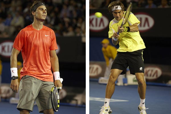 Spaniard beats Spaniard
David Ferrer has played second fiddle to Rafael Nadal all his life. At the 2011 Australian Open, all odds were on Nadal win the quarterfinal encounter against Ferrer. But as fate would have it, it was Ferrer who triumphed, and that too in straight sets — 6-4, 6-2, 6-3.
(Getty Images) A shocked Rafael Nadal and David Ferrer (right) in action during men's quarter-final tie at the 2011 Australian Open.