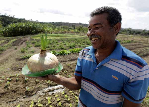 Farmer Rafael Ortiz holds up a giant onion to plant and produce seeds at a farm on the outskirts of Havana January 24, 2013.
Photo by Desmond Boylan