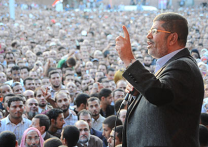 Egyptian president Mohammed Mursi addresses a large gathering in Cairo.