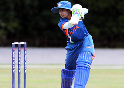 Mithali Raj hits out to the boundary during the NatWest Women's Quadrangular Series between Australia and India at Queens Park, Chesterfield, on July 2, 2011.