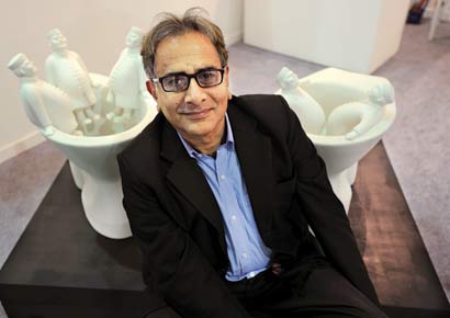 Gautam Bhatia with his art works at India Art Fair on New Delhi