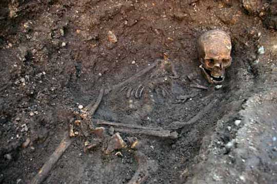 The skeletal remains found by archaeologist Mathew Morris during an archaelogical dig to find the remains of King Richard III in Leicester, central England   