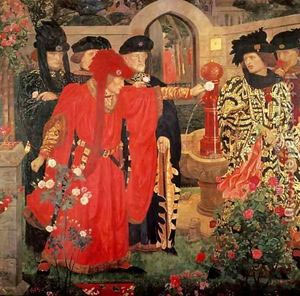 A painting by Henry Payne in 1908 of the historically apocryphal scene in the Temple Garden, from Shakespeare's play Henry VI, Part 1, where supporters of the rival factions pick either red or white roses