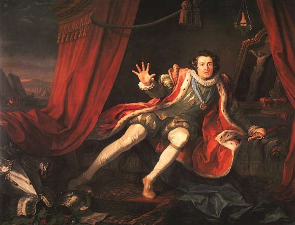 English actor David Garrick as Richard III just before the battle of Bosworth Field. His sleep having been haunted by the ghosts of those he has murdered, he wakes to the realisation that he is alone in the world and death is imminent. The painting, David Garrick as Richard III (1745), is by William Hogarth.