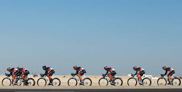 The Radioshack Leopard Team in action on stage two of the 2013 Tour of Qatar, a 14km Team Time Trial, along Al Rufaa Street.
Photo by: Bryn Lennon
(Getty Images)