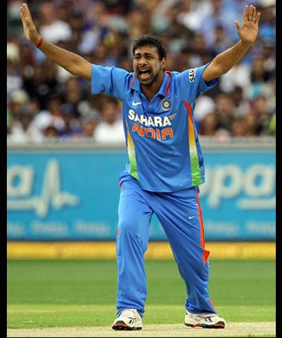 Praveen Kumar appeals unsuccessfully against Michael Clarke of Australia during game one of the Commonwealth Bank tri-series at the Melbourne Cricket Ground on February 5, 2012.