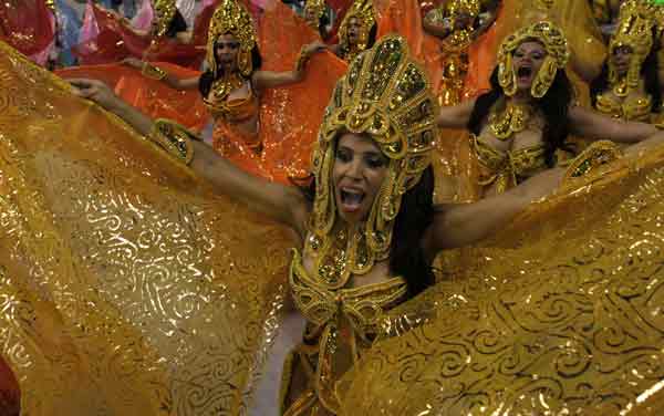 Revellers from the Imperio de Casa verde Samba School take part in a carnival at Anhembi Sambadrome in Sao Paulo.
(Reuters)