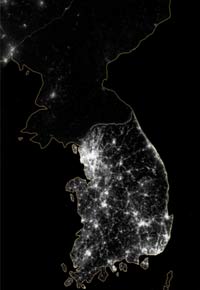 An image of the Korean Peninsula at night rendered from NASA observations