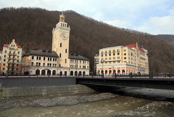 A general view of the hotels and resturants in the Rosa Khutor Alpine Ski Resort valley in Sochi, where Russia is preparing for the 2014 Winter Olympics with test events across venues.
Photo by: Richard Heathcote/Getty Images
(Getty Images)