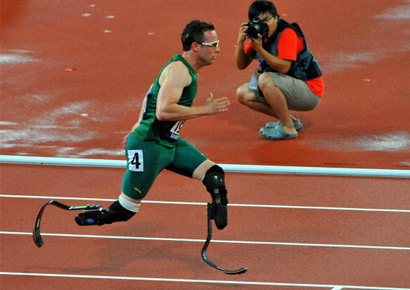 Oscar Pistorius of South Africa wins Gold with a World Record in the 400m T44 during day 10 of the 2008 Beijing Paralympic Games held in Beijing, China.