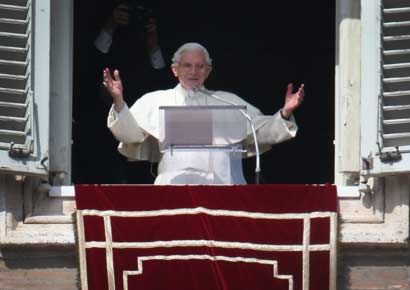 Pope Benedict XVI delivers his last Angelus Blessing from the window of his private apartment to thousands of pilgrims gathered in Saint Peter's Square on February 24 in Vatican City, Vatican.