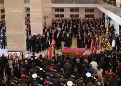 Venezuela's Vice-President Nicolas Maduro presides over the funeral ceremony for late President Hugo Chavez, at the Military Academy in Caracas on Saturday.