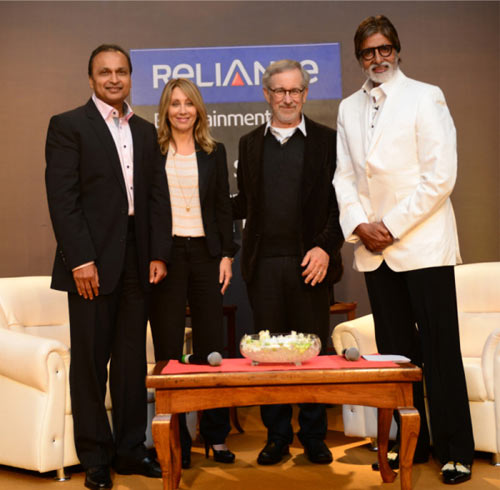 Anil Ambani,  Stacey Snider CEO and Co Chairman DreamWorks, Steven Spielberg and Amitabh Bachchan 