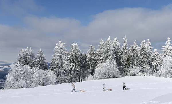 eople pull their sledges as they enjoy a sunny day at the snow covered Feldberg mountain, 20km from Frankfurt.
Photo by Kai Pfaffenbach
(Reuters)