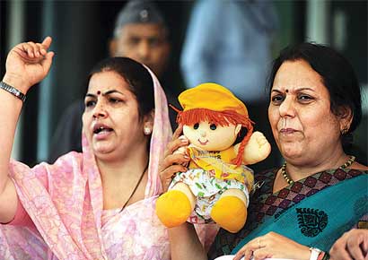 MLAs protest outside the Vidhan Bhavan on Thursday.