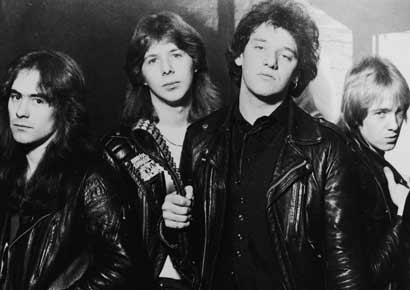A promotional portrait of British heavy metal group, Iron Maiden, 1981: (L-R) Steve Harris, Clive Burr, Paul Di'Anno and Adrian Smith.