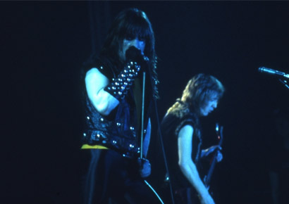 Bruce Dickinson, left, performing on his first world tour with Iron Maiden in 1982