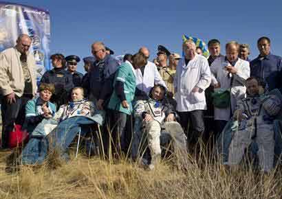The trio made a safe landing in Kazakhstan after bad weather delay. Image courtesy: <i>www.reuters.com</i>