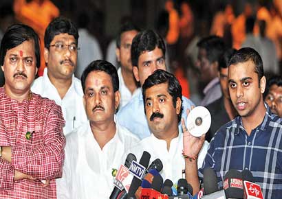 MLAs Pradip Jaiswal (left), Ram Kadam (third from left) and Kshitij Thakur (right) address the media following the furore over their attack on police sub-inspector Sachin Suryawanshi inside the Vidhan Bhavan on Tuesday.