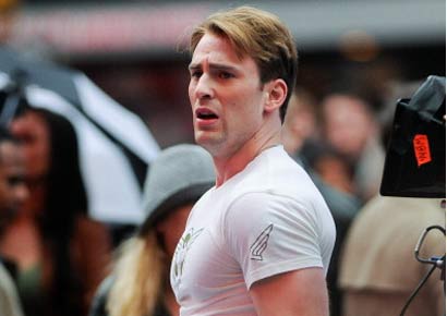 Actor Chris Evans films a scene from <i>Captain America: The First Avenger</i> movie set in Times Square on April 23, 2011 in New York City.