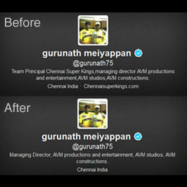 Gurunath Meiyappan's Twitter bio changed, CSK info removed but tweets still show links to team