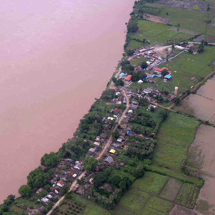 An aerial view of flood waters in the villages of Bhadrachalam of Khammam District in Andhra Pradesh.