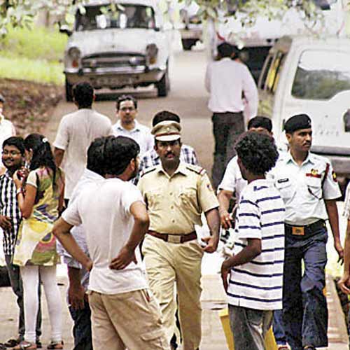 Police at the JNU campus after the incident on Wednesday.